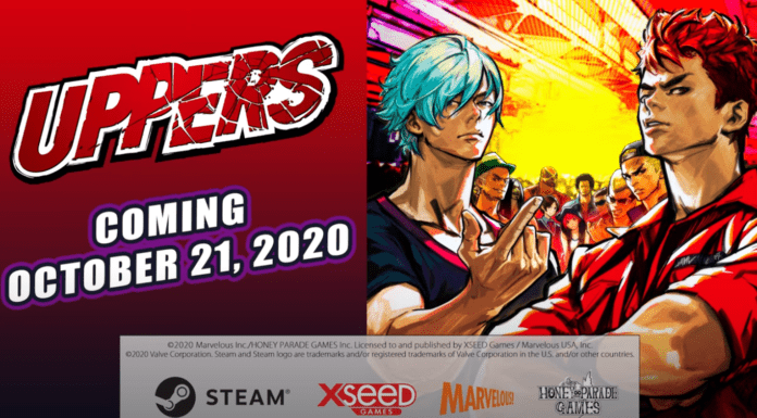 L'affiche du jeu Uppers qui sortira sur PC le 21 octobre avec les deux personnages principaux en premier plan