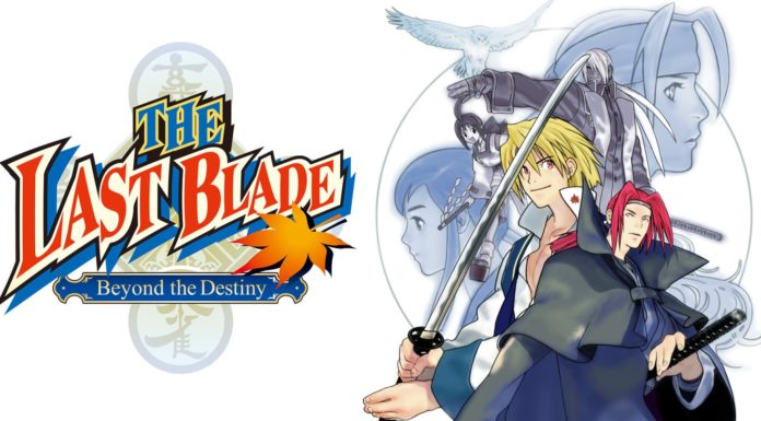 Le logo de The Last Blade: Beyond the Destiny avec les combattants du jeu sur la droite