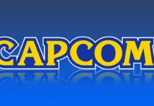 Le logo de l'éditeur japonais de jeux vidéo Capcom sur fond bleu
