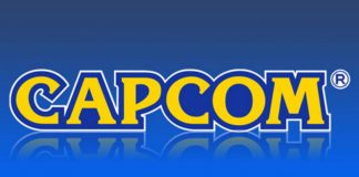 Le logo de l'éditeur japonais de jeux vidéo Capcom sur fond bleu