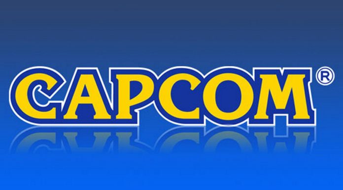 Le logo de l'éditeur japonais de jeux vidéo Capcom sur fond bleu