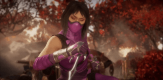 Le personnage de Mortal Kombat 11 Mileena dans une forêt qui tient un saï dans la main droite