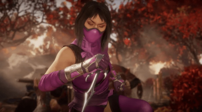 Le personnage de Mortal Kombat 11 Mileena dans une forêt qui tient un saï dans la main droite