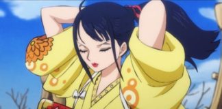 Le personnage de One Piece Kiku dans un kimono jaune en train d'attacher ses cheveux