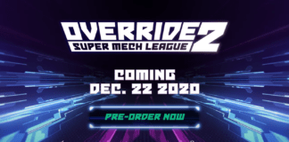 Le logo du jeu Override 2: Super Mech League et sa date de sortie ainsi que les plateformes supportées