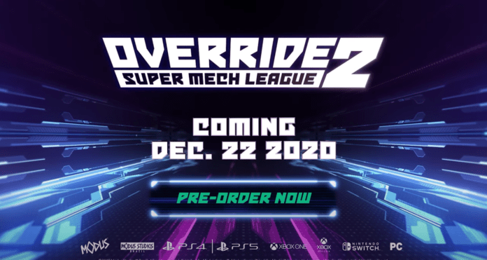 Le logo du jeu Override 2: Super Mech League et sa date de sortie ainsi que les plateformes supportées