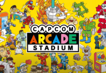 Le logo du jeu Switch Capcom Arcade Stadium avec de nombreux personnages sur fond jaune