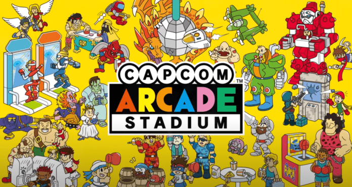 Le logo du jeu Switch Capcom Arcade Stadium avec de nombreux personnages sur fond jaune