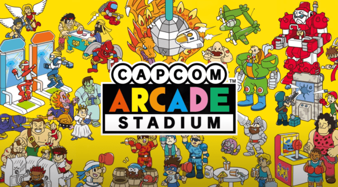 Le logo du jeu Switch Capcom Arcade Stadium avec de nombreux personnages sur fond jaune