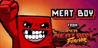 Le personnage de Super Meat Boy Forever qui lève le bras droit.