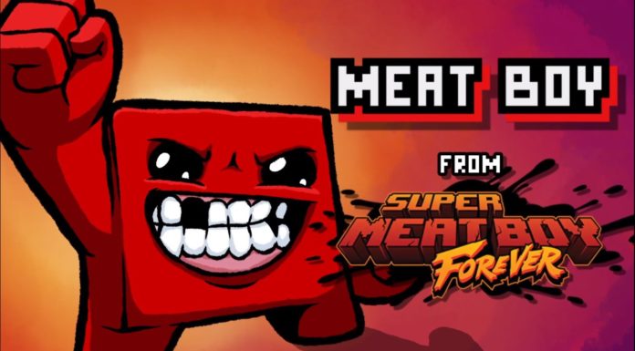 Le personnage de Super Meat Boy Forever qui lève le bras droit.
