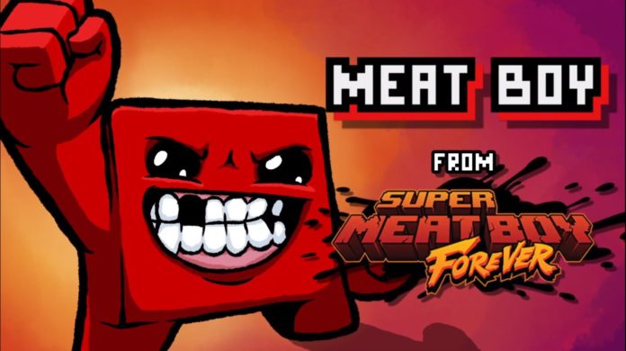 Le personnage de Super Meat Boy Forever qui lève le bras droit.