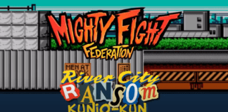 Le logo du jeu indé Mighty Fight Federation avec River City Ransom Kunio-Kun inscrit dessous