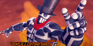 Le personnage de Fighting Ex Layer Skullomania portant le chapeau de G de Street Fighter V et pointant l'index de la main gauche en l'air