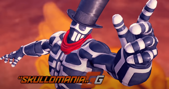 Le personnage de Fighting Ex Layer Skullomania portant le chapeau de G de Street Fighter V et pointant l'index de la main gauche en l'air