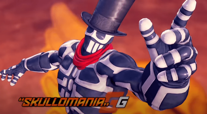 Le personnage de Fighting Ex Layer Skullomania portant le chapeau de G de Street Fighter V et pointant l'index de la main gauche en l'air