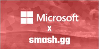 Les logos Microsoft et smash.gg sur fond rouge