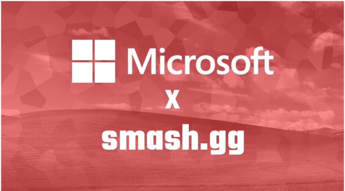 Les logos Microsoft et smash.gg sur fond rouge
