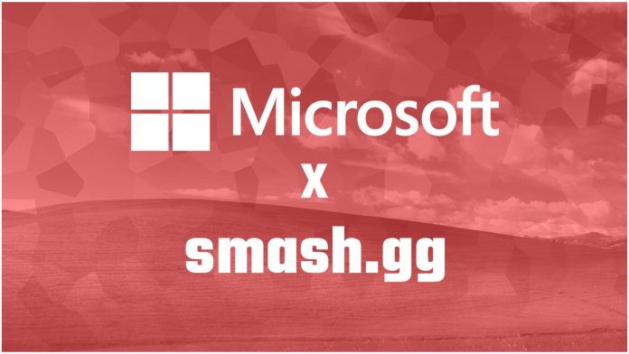 Les logos Microsoft et smash.gg sur fond rouge