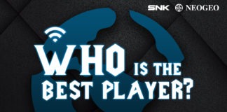 Les logos de SNK et de Neo-geo avec la phrase Who is the best player sur fond bleu et gris
