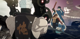 Le personnage Anji Moto de Guilty Gear Strive tenant ses éventails en arrière-plan et Chipp Zanuff de dos croisant les bras