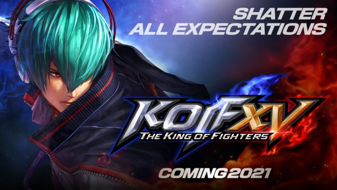 Le logo de The King of Fighters XV avec les inscriptions Shatter all expectations et coming 2021