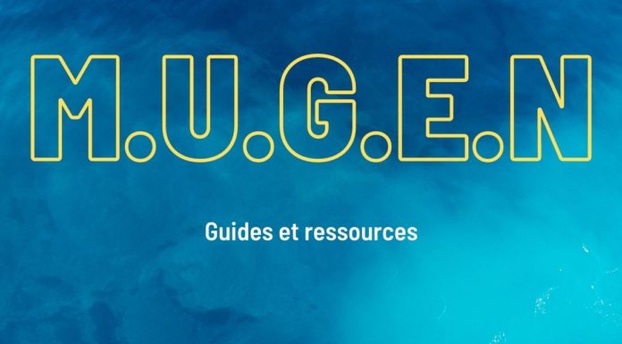 Le logo du lmoteur Mugen sur fond bleu avec la mention Guides et ressources