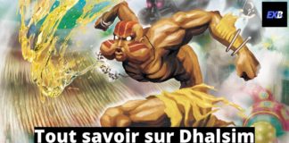 Dhalsim qui crache une boule de feu dans Street Fighter X Tekken avec la mention tout savoir sur Dhalsim