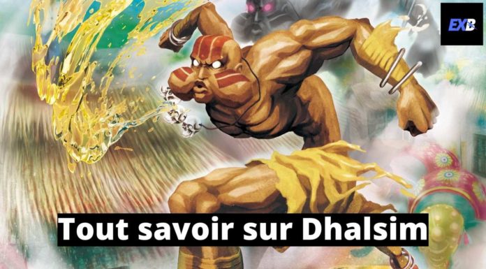 Dhalsim qui crache une boule de feu dans Street Fighter X Tekken avec la mention tout savoir sur Dhalsim