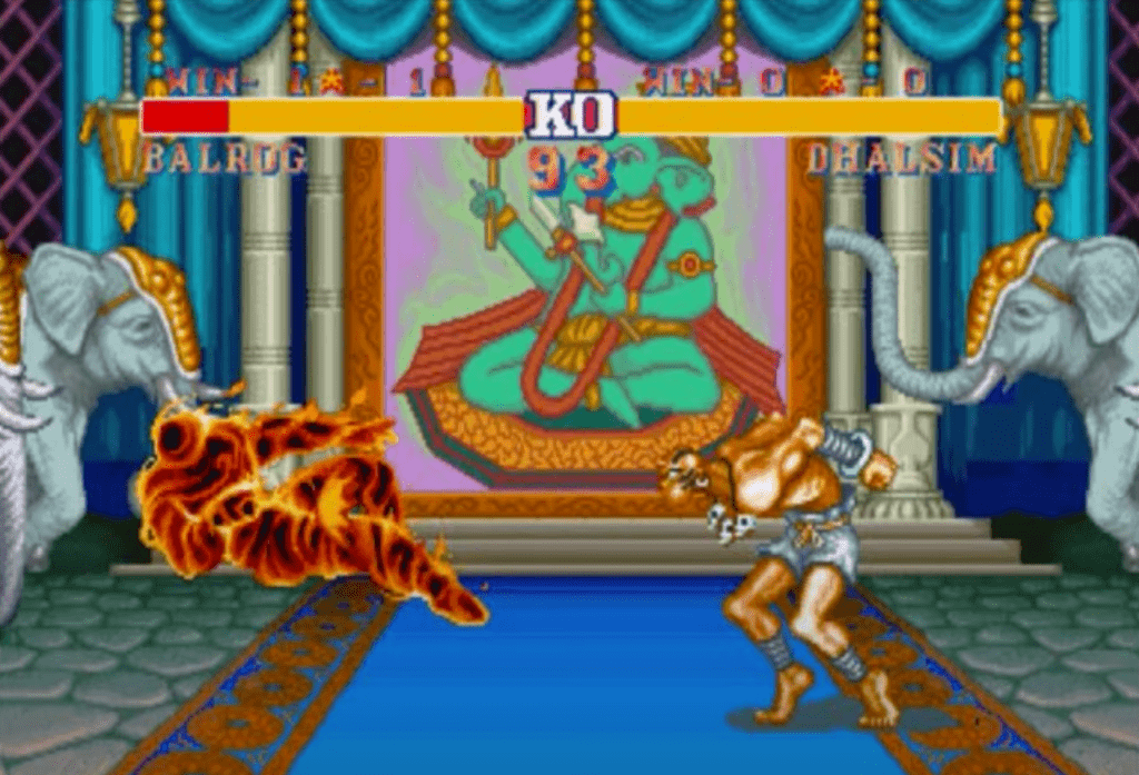 Dhalsim dans Street Fighter II en train de cracher une boule de feu Yoga Fire