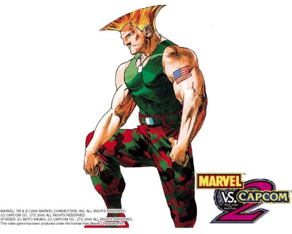 Le personnage de Guile dans Marvel vs Capcom 2 portant un t-shirt vert et un pantalon treillis rouge