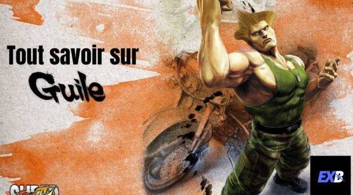 Guile devant une moto qui lève le bras droit sur fond orange avec le logo de Street Fighter IV