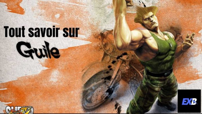 Guile devant une moto qui lève le bras droit sur fond orange avec le logo de Street Fighter IV