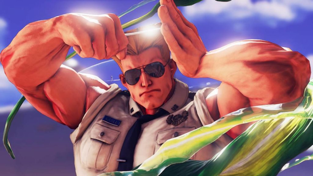 Le personnage de Guile qui se repeigne et portant ses lunettes de soleil dans Street Fighter V