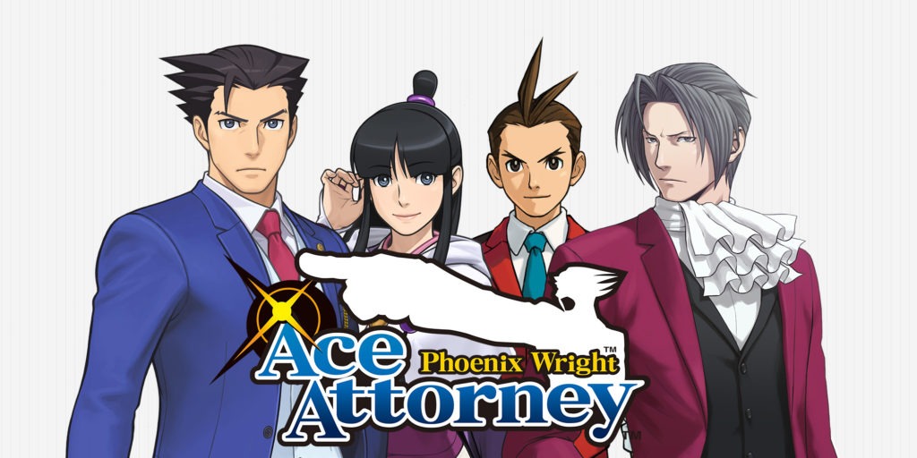 Le logo du jeu Ace Attorney Phoenix Wright devant les 4 personnages principaux