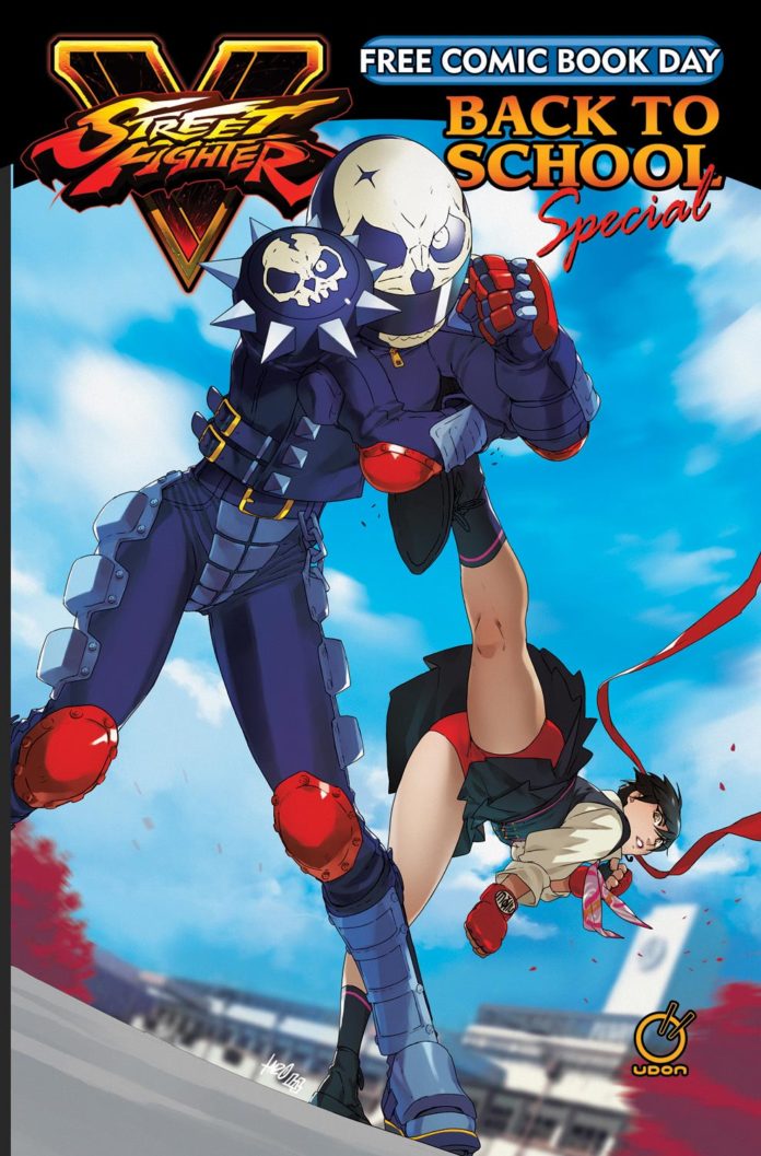 La couverture d'Udon avec Akira Kazama contre Sakura de Street Fighter qui lui donne un coup de pied