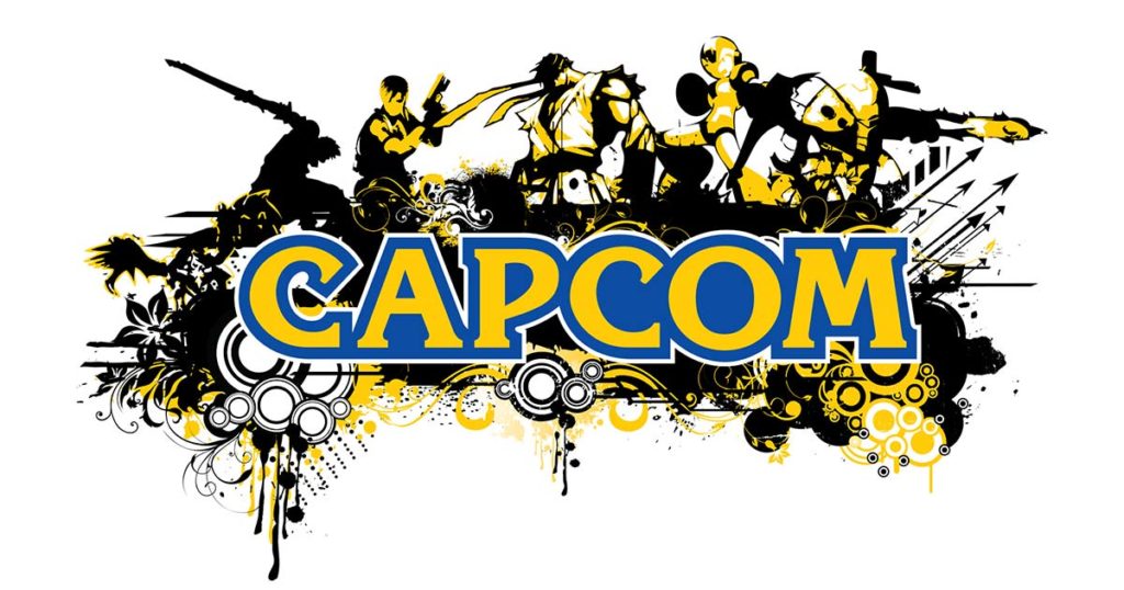 Logo jaune et bleu de Capcom avec différentes silhouettes de personnages en arrière-plan