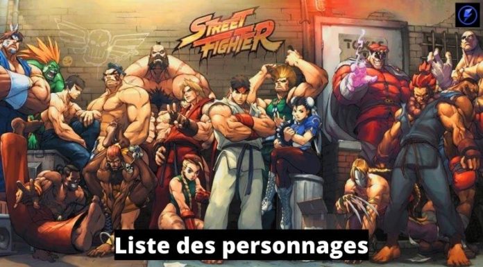 Les personnages de Street Fighter avec le logo de la série et l'inscription Liste des personnages