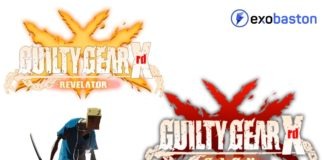 Les logos de Guilty Gear Xrd Sign et Revelator sur fond blanc avec le personnage de Faust et le logo d'exobaston