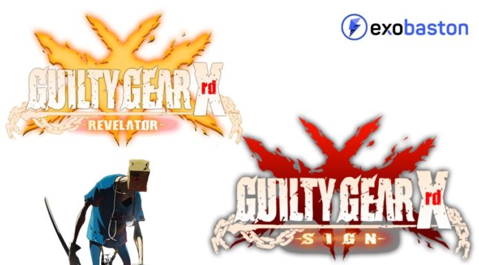 Les logos de Guilty Gear Xrd Sign et Revelator sur fond blanc avec le personnage de Faust et le logo d'exobaston