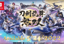 Touken Ranbu Warriors sur Nintendo Switch avec les personnages en fond, la date de sortie et le titre en japonais.