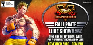 Le personnage additionnel de Street Fighter V Champion Edition Luke avec le logo du jeu et la mention Fall Update