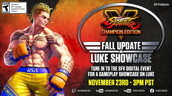 Le personnage additionnel de Street Fighter V Champion Edition Luke avec le logo du jeu et la mention Fall Update