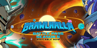 Le logo de Brawlhalla au centre avec les personnages de la saison 5 du Battle Pass autour