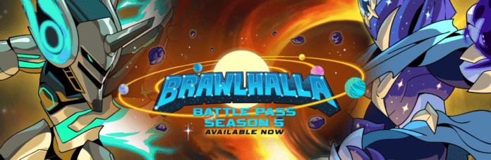 Le logo de Brawlhalla au centre avec les personnages de la saison 5 du Battle Pass autour