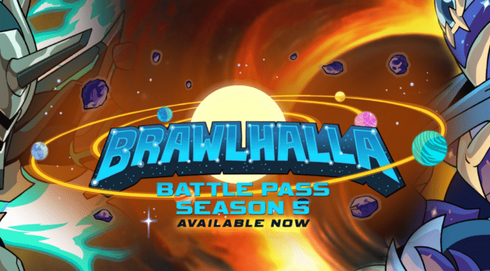 Le logo de Brawlhalla au centre avec les personnages de la saison 5 du Battle Pass autour