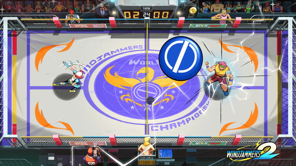 Un match du jeu Windjammers 2 avec un frisbee bleu en hauteur