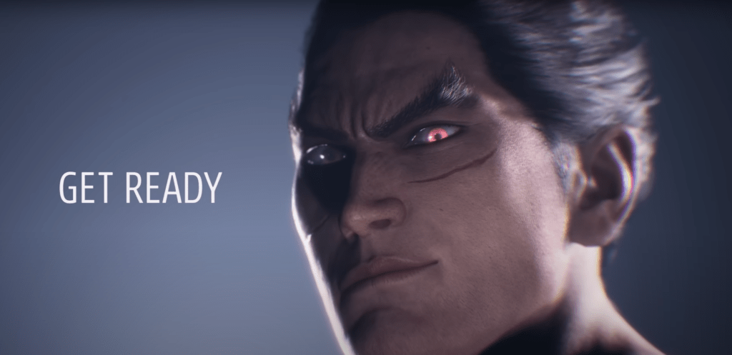 Le visage de Kazuya à côté du message Get Ready pour le teaser de Tekken 8 à l'EVO 2022