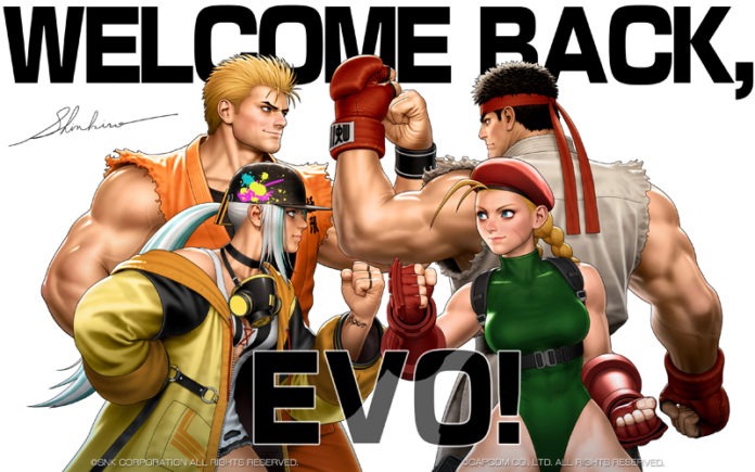 Deux personnages de Street Fighter et 2 personnages de KOF avec les mots Welcome Back inscrits