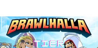 Le logo de Brawlhalla avec deux personnages et les mots tier list en dessous